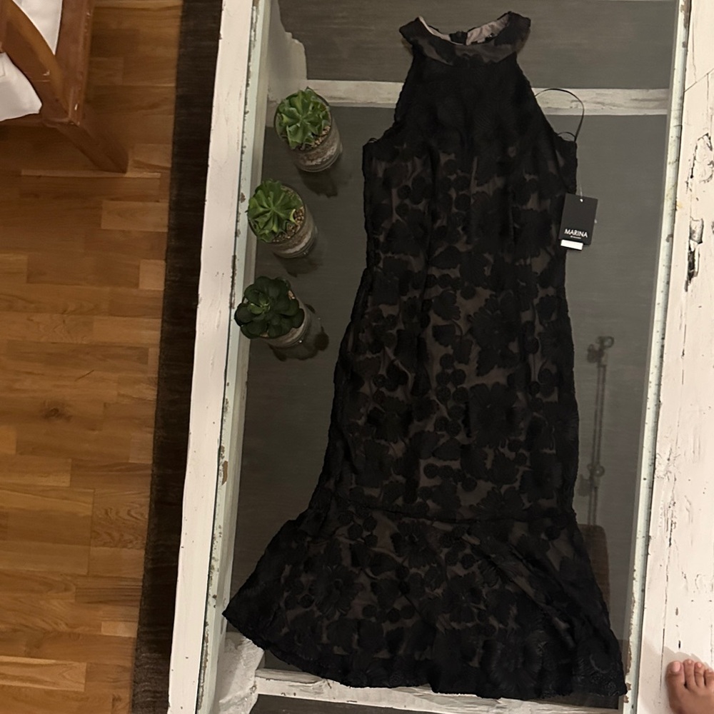 MARINA Black Floral Lace Maxi Gown